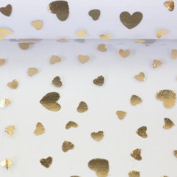 Tüll, Twinkle, Herzen, weiß/gold
