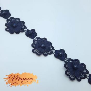 Spitze, 3D Blüten mit Perlen, dunkelblau, 30mm
