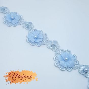 Spitze, 3D Blüten mit Perlen, hellblau, 30mm