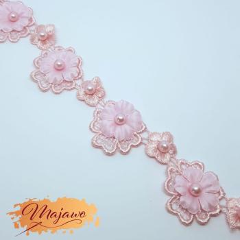 Spitze, 3D Blüten mit Perlen, rosa, 30mm