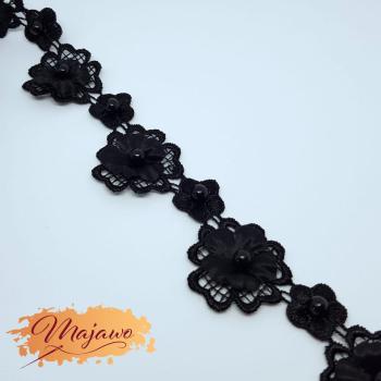 Spitze, 3D Blüten mit Perlen, schwarz, 30mm