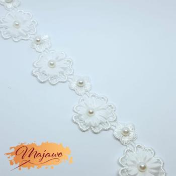 Spitze, 3D Blüten mit Perlen, weiß, 30mm