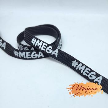 EP Flachkordel "#mega" bedruckt, weiß auf schwarz, 8mm