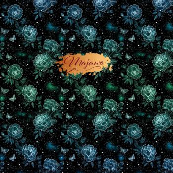 Majawo Stoff Magische Blumen blau gruen auf schwarz