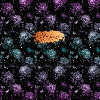 Majawo Stoff Magische Blumen tuerkis pink auf schwarz