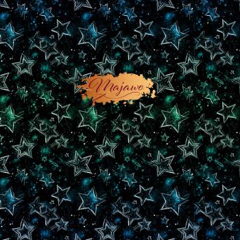 Majawo Stoff Mystic Stars blau gruen auf schwarz