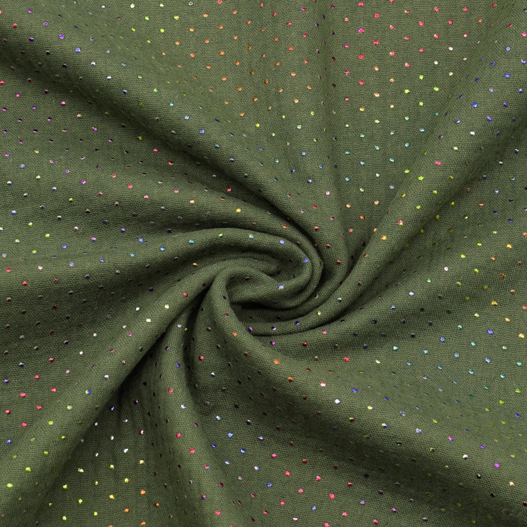 Majawo Musselin, multicolor Punkte auf oliv