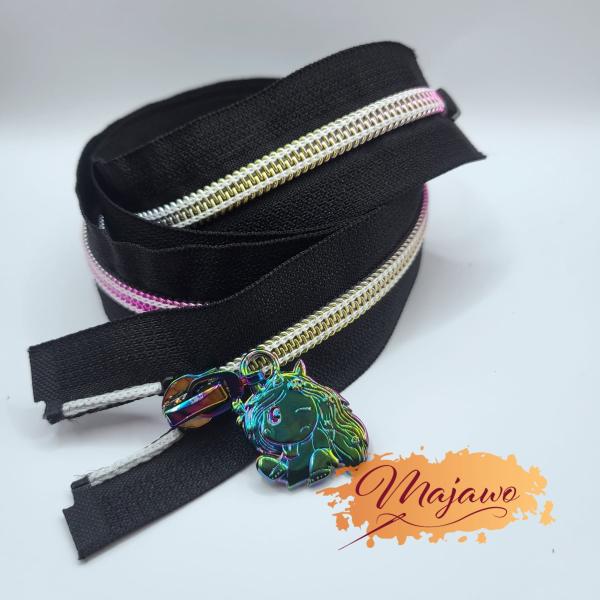 Teilbarer Reißverschluss #5, 80cm, schwarz/regenbogen "I Rock you - Einhorn"