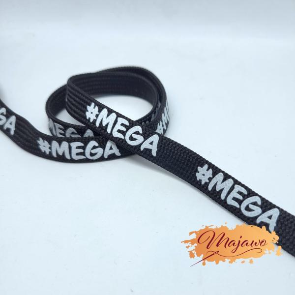 EP Flachkordel "#mega" bedruckt, weiß auf schwarz, 8mm