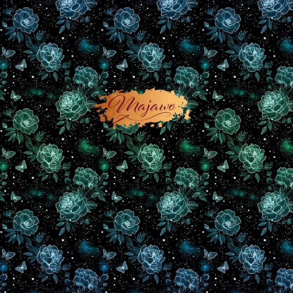 Majawo Stoff Magische Blumen blau gruen auf schwarz