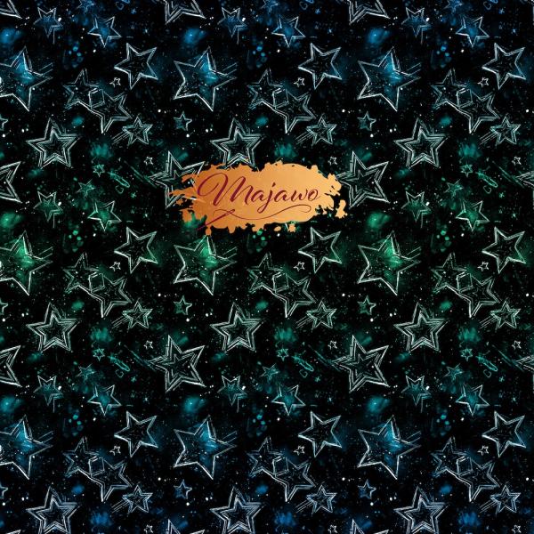 Majawo Stoff Mystic Stars blau gruen auf schwarz