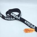 EP Flachkordel "#mega" bedruckt, weiß auf schwarz, 8mm